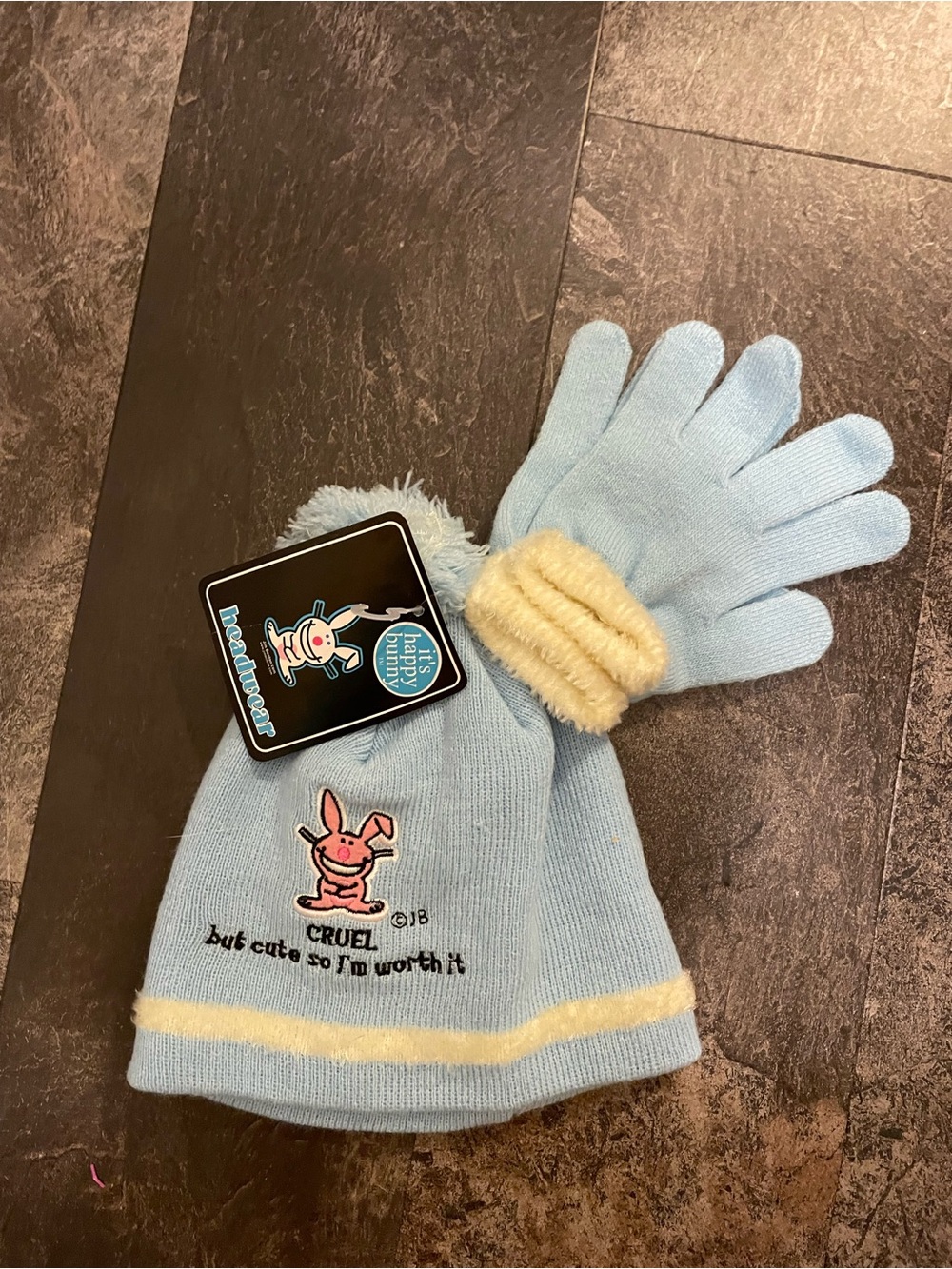 Happy Bunny Light Blue Beanie and Glove Set with Pink Bunny